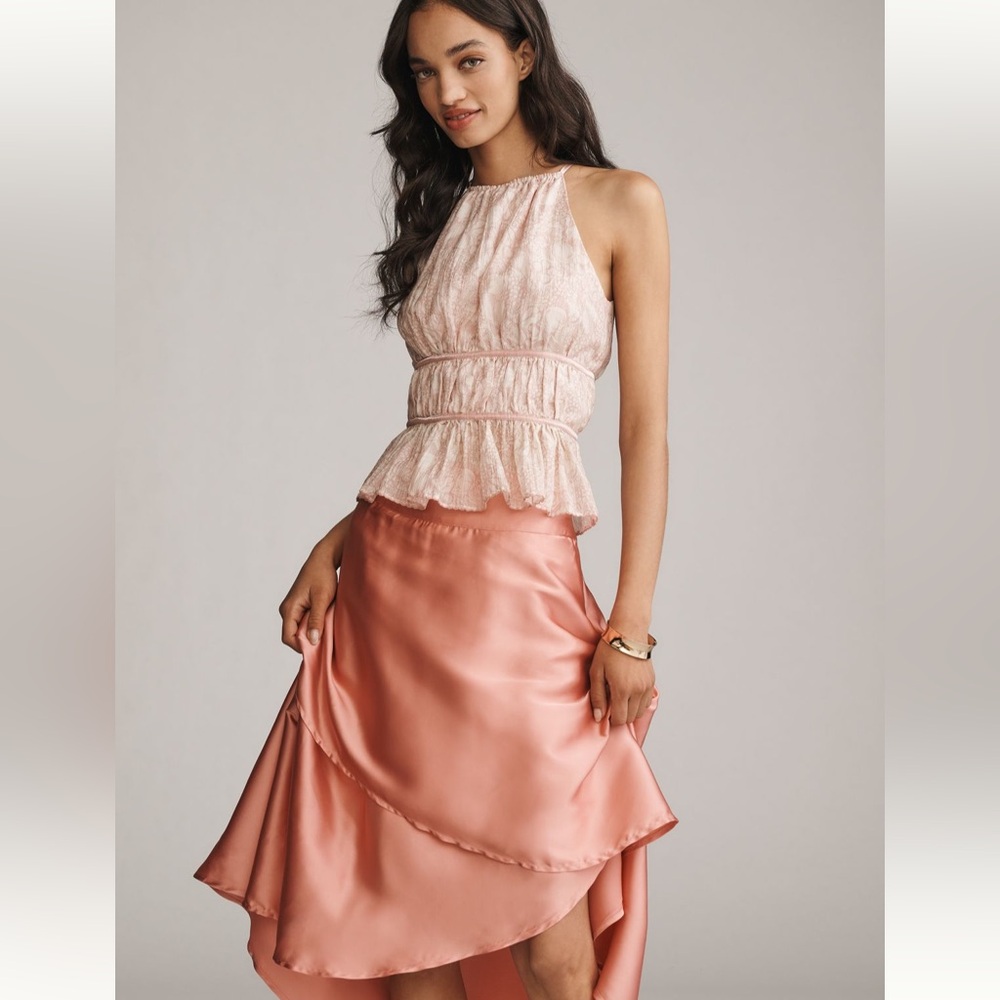 NWT Anthropologie silky tiered midi skirt in peachy pink, sz. 8 & 12 available